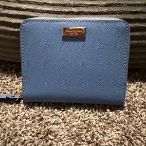kate spade Powder Blue Zip-Around Saffiano Wallet with Gold Plaque